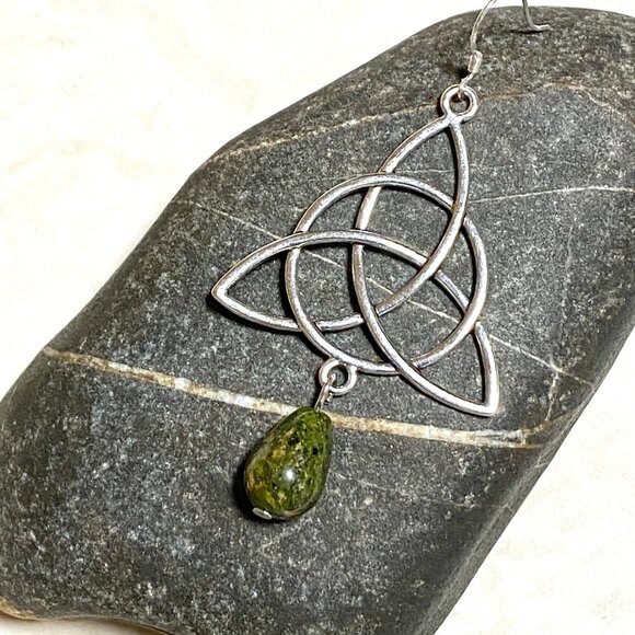 2/$20, Genuine Dark Green Unakite Celtic Trinity Sterling Silver Dangle Earrings - Picture 7 of 11